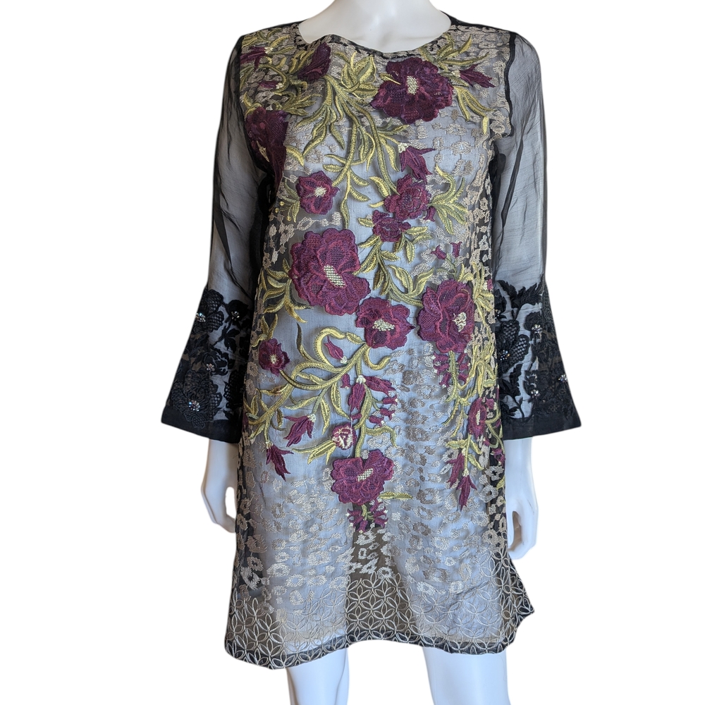 Elegant Black and Purple Floral Long Sleeve Dress